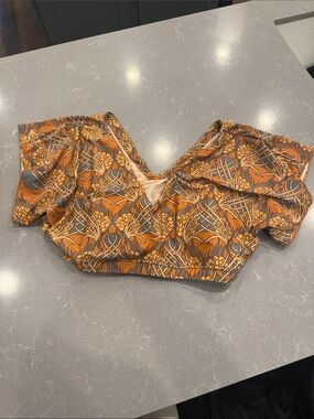 Albion Orange Floral V-Neck Bikini Top with Sleeves